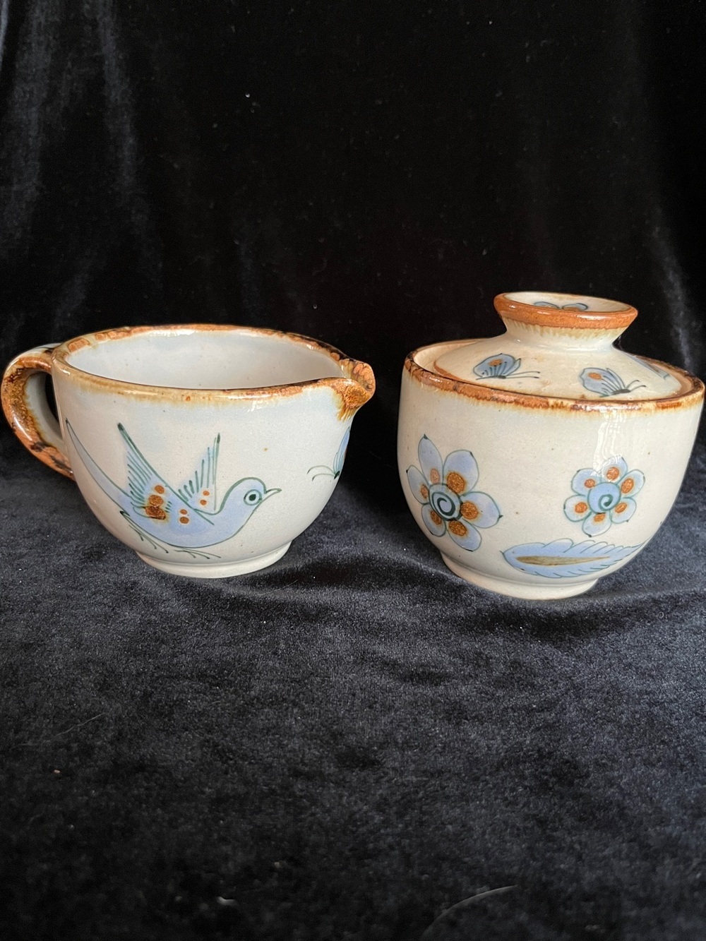 Ken Edward’s El Palomar Tonala Mexico Pottery Bird Flower Creamer & Sugar Set
